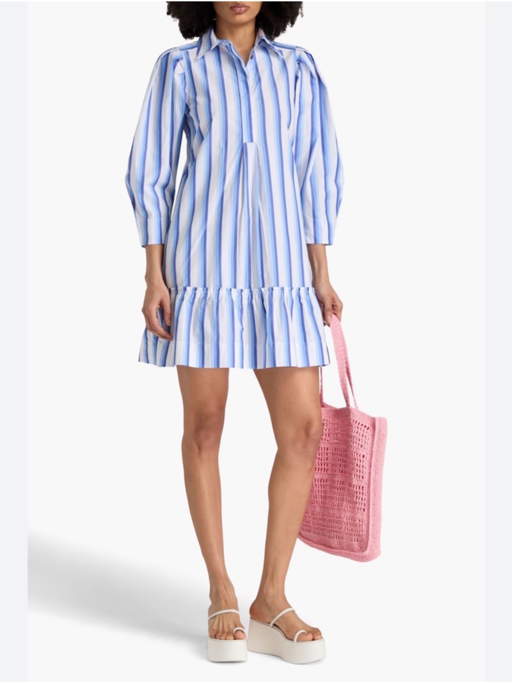 Ganni Blue and White Striped Ruffle Hem Shirt Dress